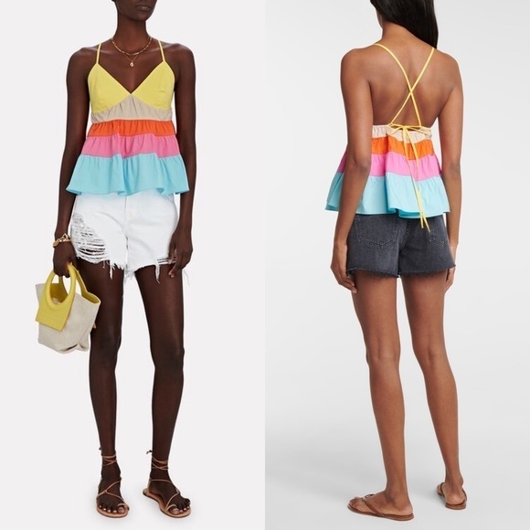 STAUD Colorblock Rainbow Stripe Sleeveless V-Neck Tiered Ruffle Babydoll Top S - Picture 7 of 13